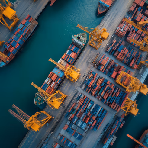 Vue aérienne d’un port logistique avec des conteneurs colorés, des grues jaunes et plusieurs navires de fret amarrés.